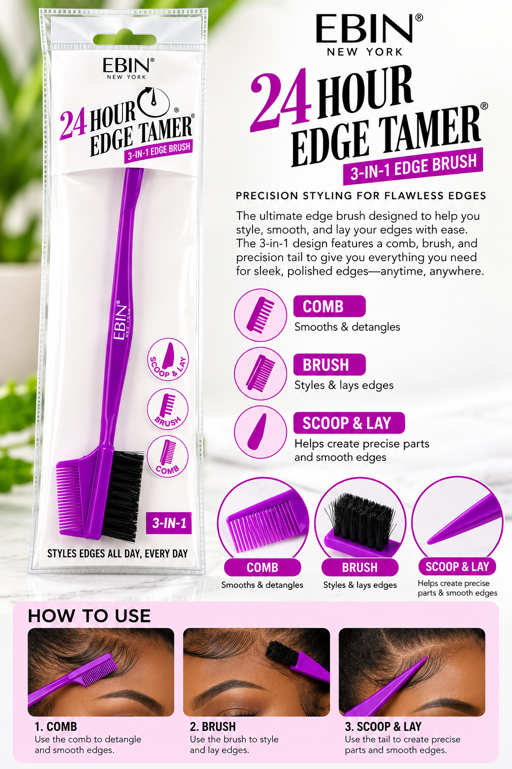EBIN 24HR Edge Tamer 3-in-1 Edge Brush - Image 2